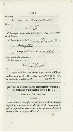 Question de mathématiques élémentaires proposée au concours d'agrégation (année 1875).