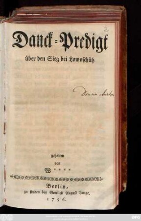 Danck-Predigt über den Sieg bei Lowoschütz