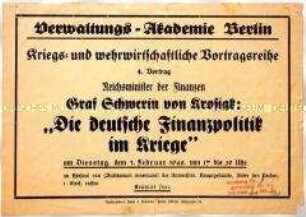 Aushang der Verwaltungs-Akademie zur Ankündigung eines Vortrages über Finanzpolitik