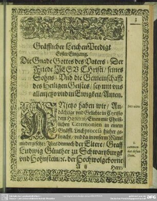 Leichenpredigt : Christliche LeichenPredigt. Erster Eingang. Der LeichenText. Eingang zur Predigt. Erklärung. Beschluß