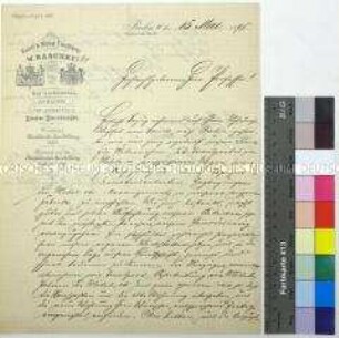 Schreiben der Kunst- & Möbeltischlerei W. Raschky & Co an Wilhelm Kahl mit dem Angebot der Durchführung des Umzugs nach Berlin