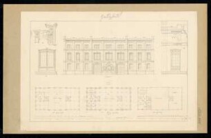 Zeughaus Monatskonkurrenz Februar 1840: Grundriss Erdgeschoss, 1. und 2. Obergeschoss, Aufriss Vorderansicht, Details: Aufriss Fenster (1. Obergeschoss), Teil des Portals, Dachecke; 4 Maßstabsleisten