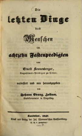 Die letzten Dinge des Menschen : in achtzehn Fastenpredigten