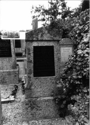 Grabstein 434 (Index: 99797501) Material: Granit, schwarze Glasplatte Zustand: gut Maße HxBxT: 150x55x24 cm Beschreibung: Stele, giebelartiger Abschluß, Sockel: Grabstein 434