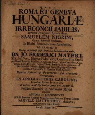Roma et Geneva Hungariae irreconciliabilis
