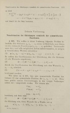 113-133, Zehnte Vorlesung. Transformation der Gleichungen vermittels der symmetrischen Functionen.