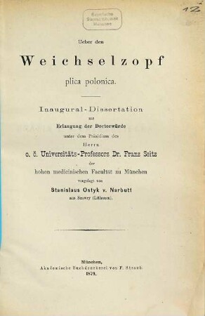 Über den Weichselzopf plica polonica : Inaug. Diss.