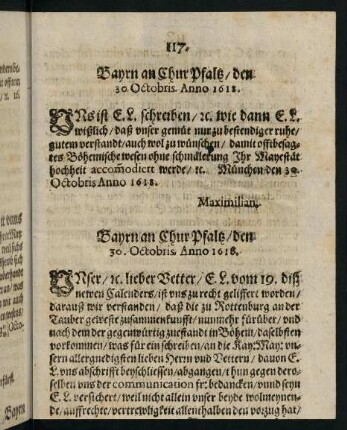 117-119, Bayrn an Chur Pfaltz den 30. Octobris Anno 1618