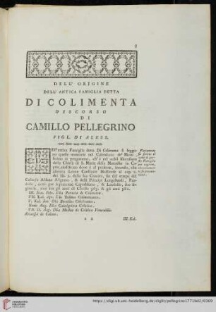 Dell' origine dell' antica Famiglia detta Di Colimenta