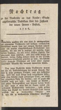 Nachtrag zu der Nachricht an das Reichs-Stadt augsburgische Publikum über den Zustand der neuen Armen-Anstalt. 1796