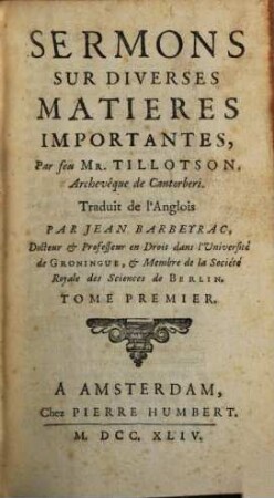 Sermons Sur Diverses Matieres Importantes, Tome Premier