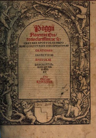 Poggii Florentini Oratoris clarissimi: ac secretarii Apostolici Historiae Convivales Disceptativae Orationes Invectivae Epistolae Descriptiones Qvaedam: Et Faceciarvm Liber