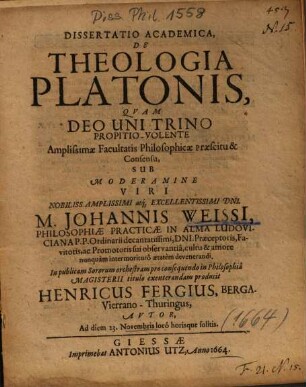 Dissertatio Academica, De Theologia Platonis
