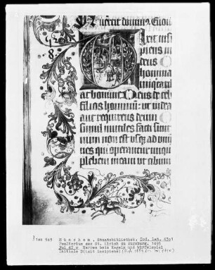 Psalterium aus Sankt Ulrich in Augsburg — Initiale D (ixit insipiens), darin Narren beim Kegeln und Würfelspiel, Folio 47verso
