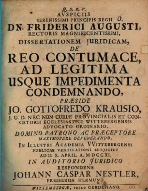 Diss. iur. de reo contumace ad legitima usque impedimenta condemnando