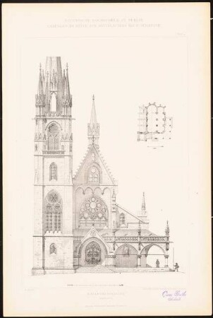 Wallfahrtskirche: Ansicht Westseite (aus: C. Schäfer, Die Bauhütte, Entwürfe im Stile des Mittelalters, 3. Bd., 1895, Blatt 4)