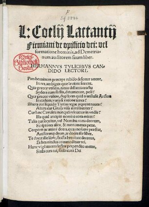 L: Coelij Lactantij || Firmiani de opificio dei ... ||