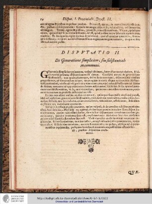 DISPVTATIO II. De Generatione simpliciter, seu substantiali in communi.