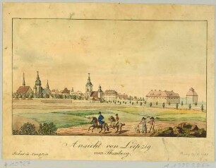 Stadtansicht von Leipzig vom Thonberg im Südosten der Stadt mit Paulinerkirche und Nikolaikirche links sowie Johanniskirche mittig