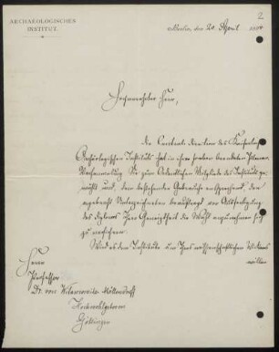Nr. 2: Brief von Alexander Conze an Ulrich von Wilamowitz-Moellendorff, Berlin, 20.4.1894