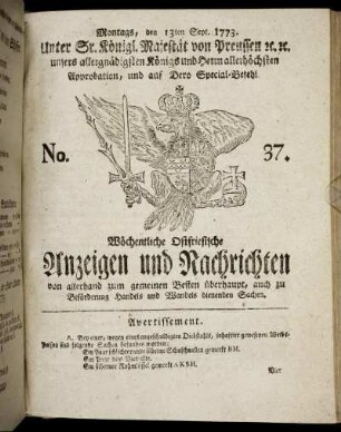 No. 37. Montags, den 13ten Sept. 1773.