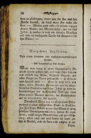 Vierzehnte Erzählung. Von einem frommen und nachahmungswürdigen Sohne. - Ein Gegenstück zu dem vorigen.
