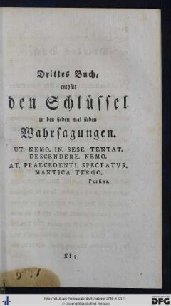 Drittes Buch; enthält den Schlüssel zu den sieben mal sieben Wahrsagungen, nebst der versprochenen Fortsetzung.