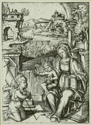 Thronende Maria mit segnendem Jesuskind und anbetendem Johannes
