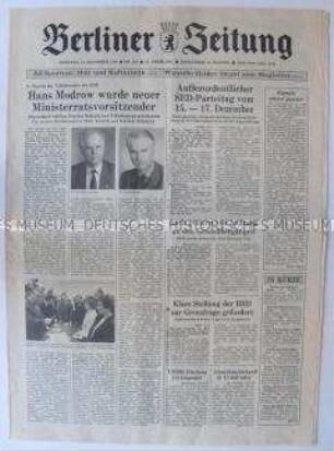 Tageszeitung "Berliner Zeitung" u.a. zur Wahl von Hans Modrow zum Ministerpräsidenten der DDR und zur Einberufung eines Außerordentlichen Parteitages der SED