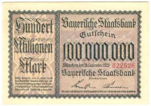 Geldschein / Notgeld, 100 Millionen Mark, 1.8.1923