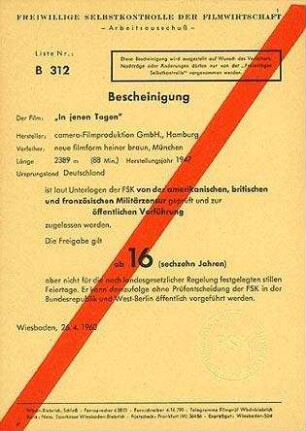 Bescheinigung der Freiwilligen Selbstkontrolle der Filmwirtschaft