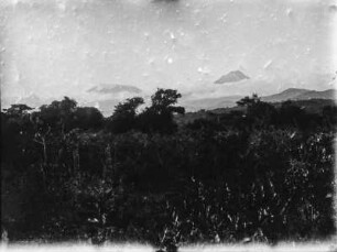 Landschaft und Kilimandscharo : Blick über die Landschaft von Mwika am Fuße des Kilimandscharo auf die Berge