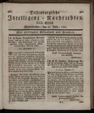 XXX. Stück. Sonnabends : den 27. Julii, 1782.