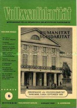Mitteilungsblatt für Funktionäre der Volkssolidarität u.a. zur Zonentagung der Volkssolidarität in Weimar