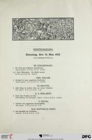 Versteigerung: Dienstag, den 14. Mai 1912 von vormittags 10 Uhr ab (Nr. 1-194)