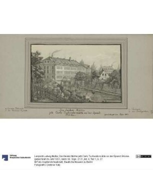 Die Seiden Mühle jetz Carls Tuchwalk mühle an der Spand: Brücke. gezeichnet im Jahr 1821