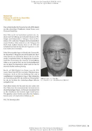 Nachruf auf Professor Dr. phil. Dr. h.c. Horst Sitta