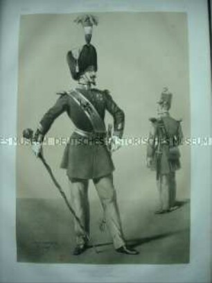 Uniformdarstellung, Tambour-Major und Musiker der Linien-Infanterie, Frankreich, 1859. Tafel 10 im Buch: Armand-Dumaresq: Uniformes de l'Armée Française.