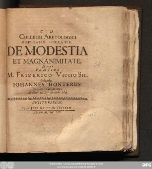 Collegii Aretologici Disputatio Ethica VIII. De Modestia Et Magnanimitate