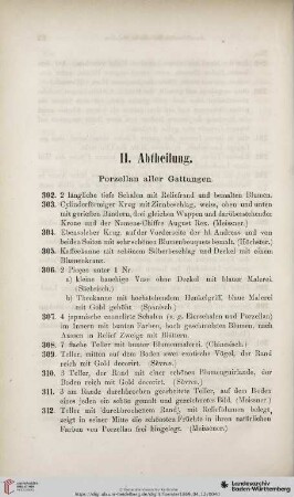II. Abtheilung: Porzellan aller Gattungen (Nro. 302 - 455c)