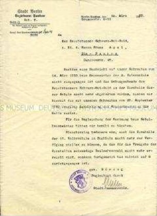Schreiben des Bezirksamtes Berlin-Pankow an den Ortsverein des Reichsbanners