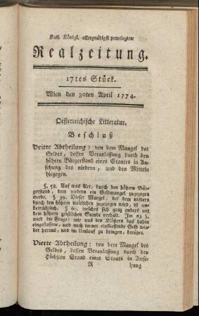 17tes Stück. Wien den 30ten April 1774.