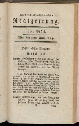17tes Stück. Wien den 30ten April 1774.
