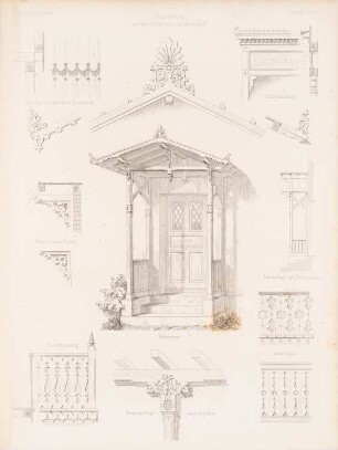 Holzdetails aus Mainz, Frankfurt/Main, Wiesbaden: Perspektivische Ansicht, Details (aus: Architektonisches Skizzenbuch, H. 16, 1854)