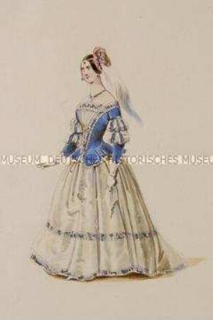 Frau im weißen Kleid mit blauer Jacke - Tafel aus Franceschini/Kostümbilder (Kassette 1)
