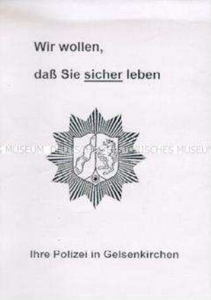 Merkblatt der Polizei mit Verhaltensregeln bei kriminellen Handlungen, Feuer u.a.