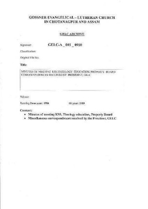 MINUTES OF MEETING KSS,THEOLOGY EDUCATION,PROPERTY BOARD CORRESPONDENCES RECEIVED BY PRESIDENT,GELC