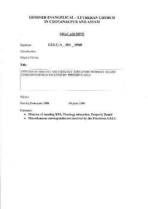 MINUTES OF MEETING KSS,THEOLOGY EDUCATION,PROPERTY BOARD CORRESPONDENCES RECEIVED BY PRESIDENT,GELC