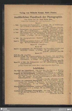 Werbung: Verlag von Wilhelm Knapp, Halle (Saale), Ausführliches Handbuch der Photographie, Lehrbücher