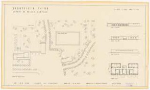 Sportfield Kairo Layout of Roller Skating: Entrance and Cloakrooms Lageplan 1:500, 1 Grundriss Ground Floor, 3 Ansichten West Elevation, North Elevation, South Elevation 1:200